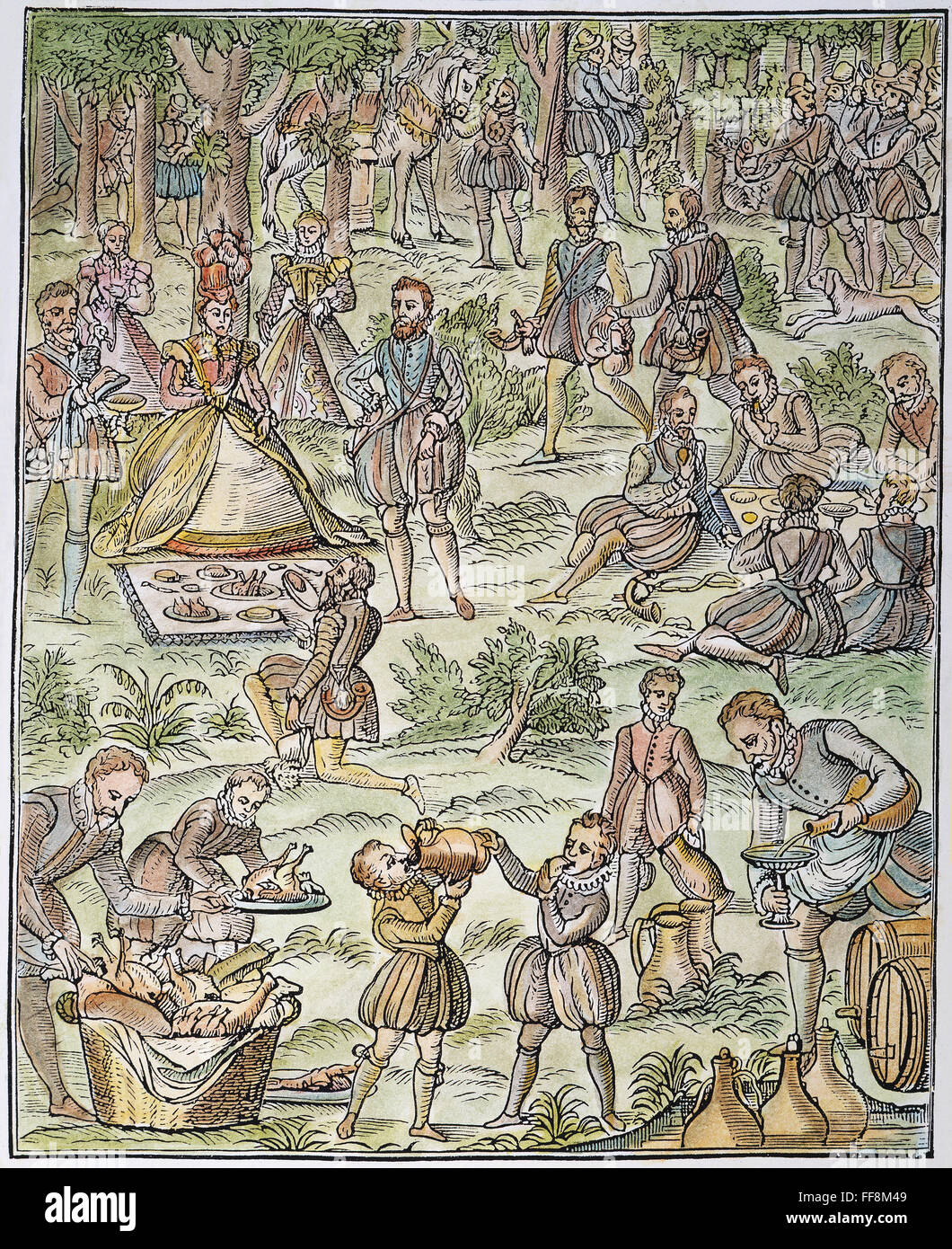 ELIZABETH ich (1533-1603) /nand ihrer Höflinge bei einem königlichen Picknick: englische Gravur, 1575. Stockfoto