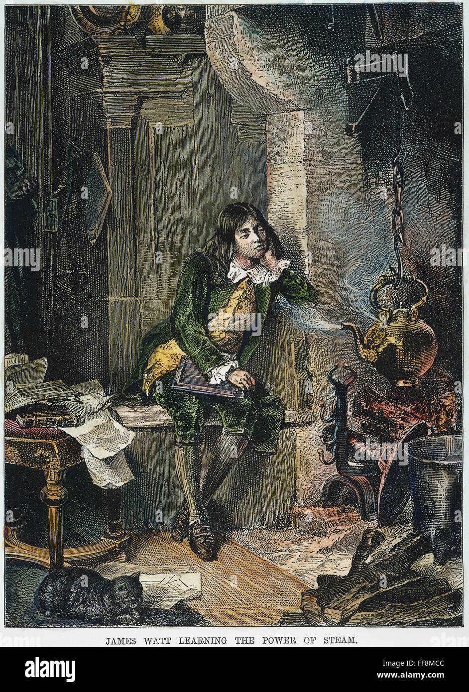 JAMES WATT (1736-1819). /nScottish Ingenieur und Erfinder. Die Kraft des Dampfes zu beobachten: Gravur, 19. Jahrhundert. Stockfoto