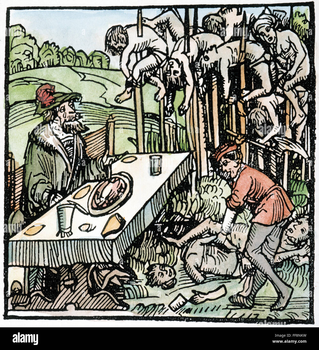 VLAD III (1431-1477). /nKnown als Vlad der Pfähler. Prinz der Walachei. Mitten in der Küche aufgespießt Körper. Deutsche Holzschnitt, 1499. Stockfoto