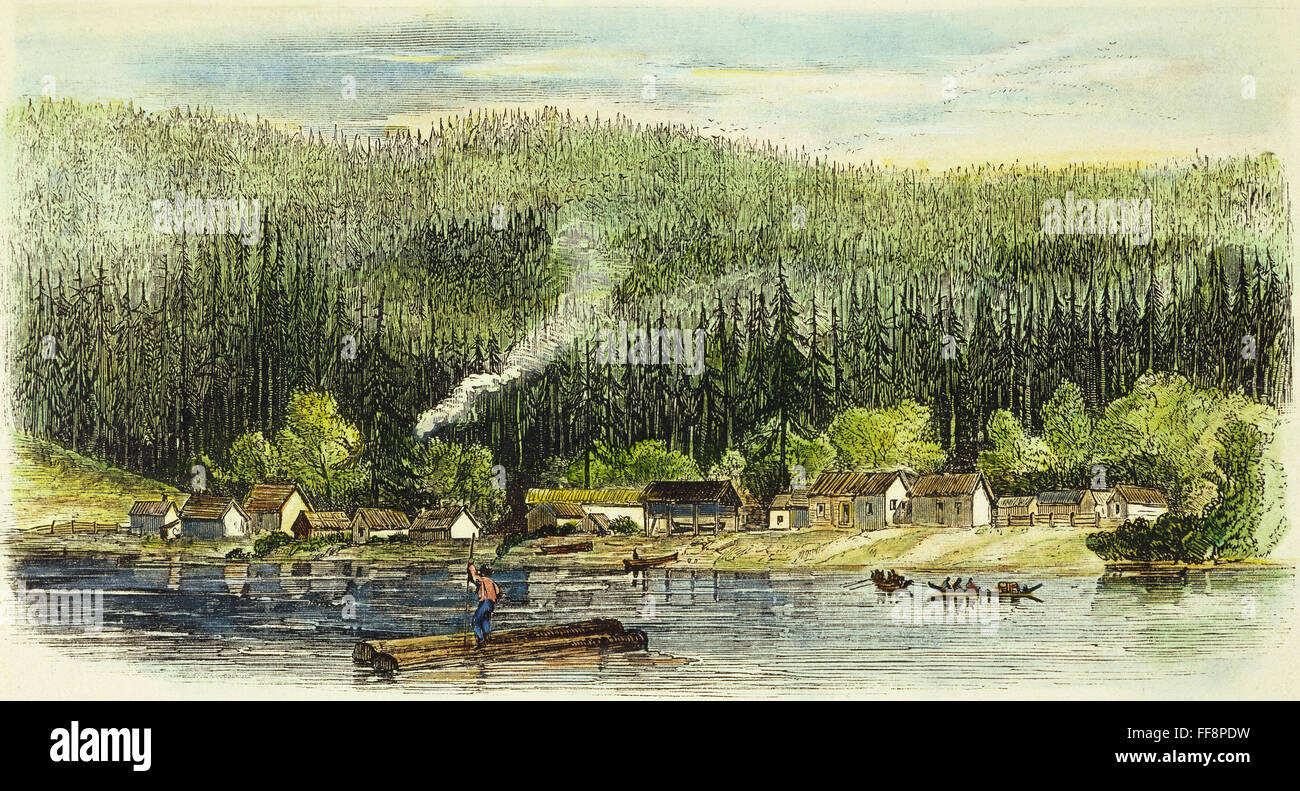 ASTORIA, OREGON-TERRITORIUM. /nAstoria, an der Mündung des Columbia River, die erste dauerhafte Siedlung in Oregon Land 1811 von Astors Pacific Fur Company gegründet. Farbe, Gravur, 1849. Stockfoto