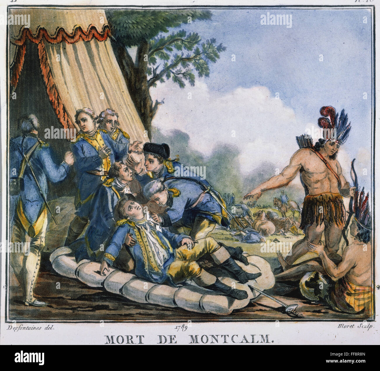 DER MARQUIS DE MONTCALM/n (Louis Joseph de Montcalm de Saint-Veran) tödlich verwundet in der Schlacht bei Québec, 13. September 1759: Französisch Aquatinta, 1789. Stockfoto
