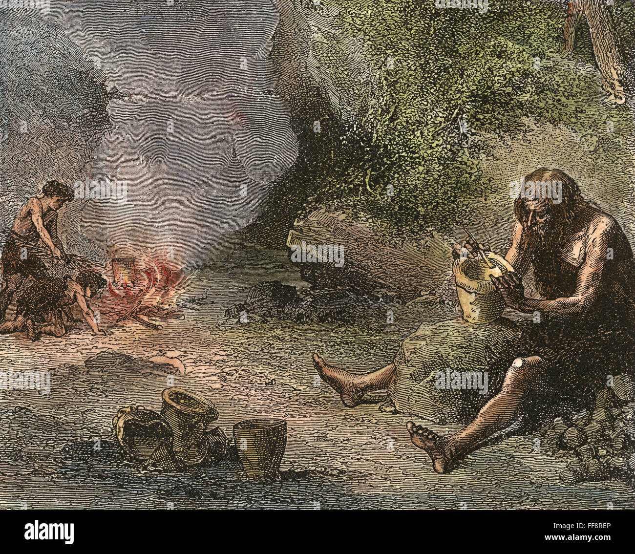 URMENSCHEN: KERAMIK. /nPrehistoric Mann Gestaltung einen Kochtopf aus Ton, Gravur, 19. Jahrhundert. Stockfoto