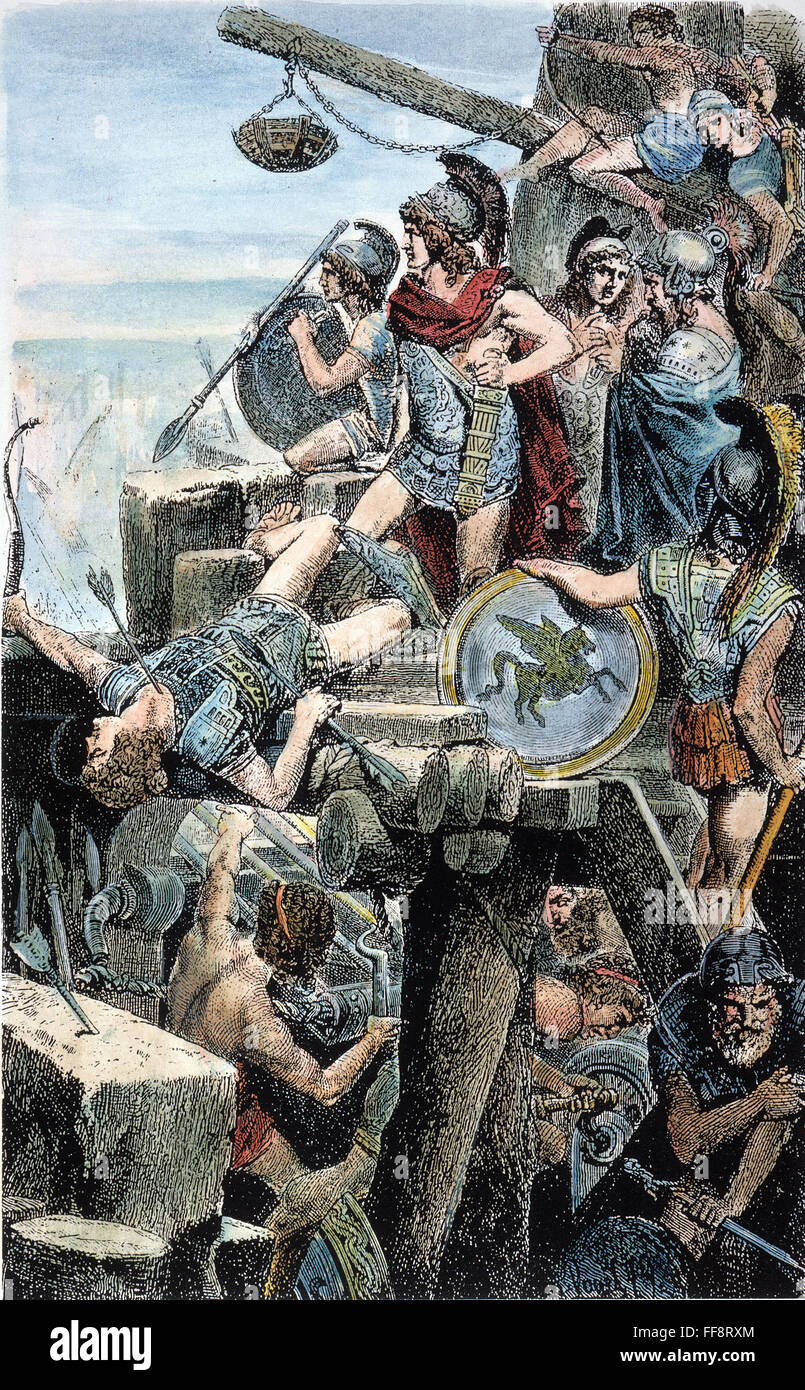 ALEXANDER der große/n (356-326 v. Chr.). König von Makedonien, 336-323 v. Chr. Alexander bei der Belagerung von Tyrus in 332 BC Line Gravur, 19. Jahrhundert. Stockfoto
