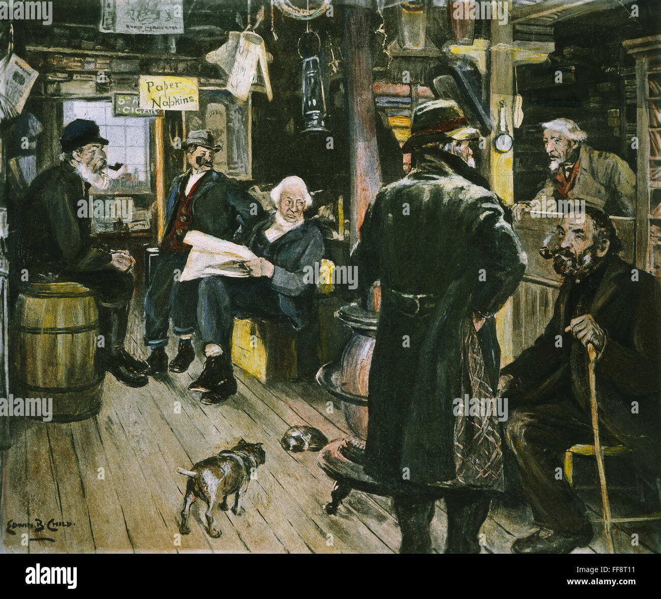 DORFLADEN. NUM 19. Jahrhundert amerikanische Country Store Interieur. Illustration von Edwin B. Child (1868-1937). Stockfoto
