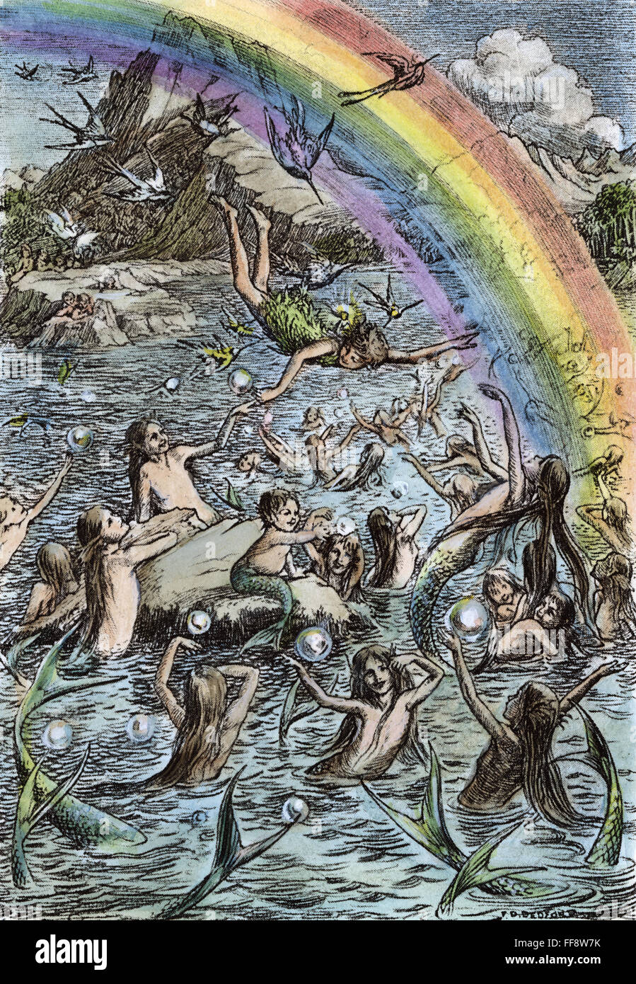 BARRIE: PETER PAN, 1911.  /nThe-Meerjungfrauen spielen in der Lagune. Zeichnung von Francis D. Bedford für die 1911 Ausgabe J.M. Barries "Peter Pan." Stockfoto