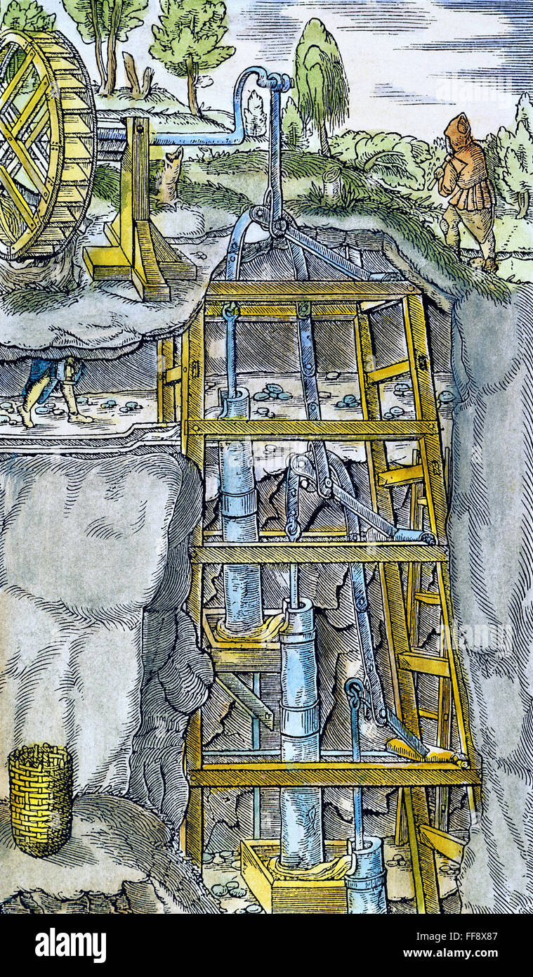 WASSERPUMPE & RAD. /nOperation von Wasserkraft betriebene Pumpe in einer alten mine. Holzschnitt aus einer 1580-Ausgabe des Georgius Agricolas "De Re Metallica," nach einem Holzschnitt aus der Erstausgabe gedruckt in Basel im Jahre 1556. Stockfoto