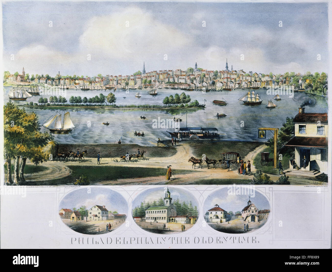 PHILADELPHIA, 18. JAHRHUNDERT. /nLate aus dem 18. Jahrhundert Blick auf die Stadt und den Hafen. Amerikanische Lithographie, 1875. Stockfoto