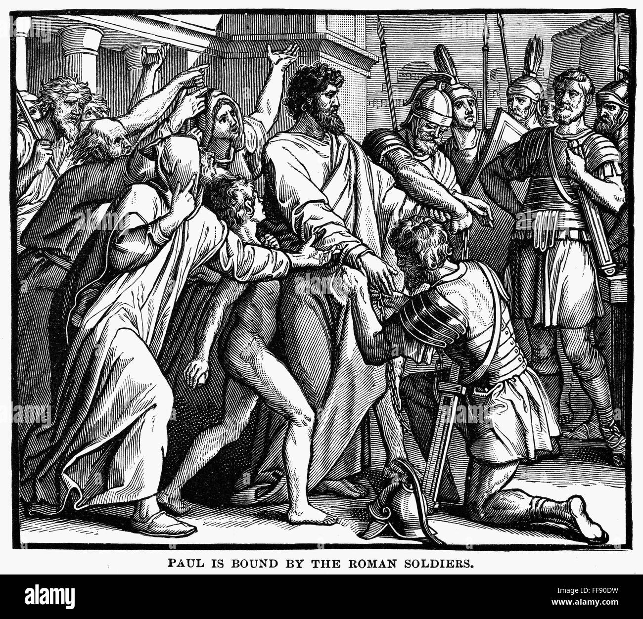 SAINT PAUL IN CHAINS. / nPaul durch die römischen Soldaten in Ketten gebunden ist (Apostelgeschichte 21:33). Holz, Gravur, American, 1884. Stockfoto