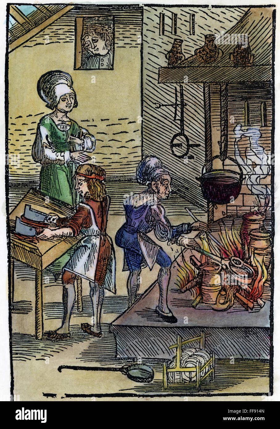 MITTELALTERLICHE KÜCHE, 1516. NUM Hausfrau Überwachung ihr Küchenpersonal. Deutsche Farbe Holzschnitt, 1516. Stockfoto