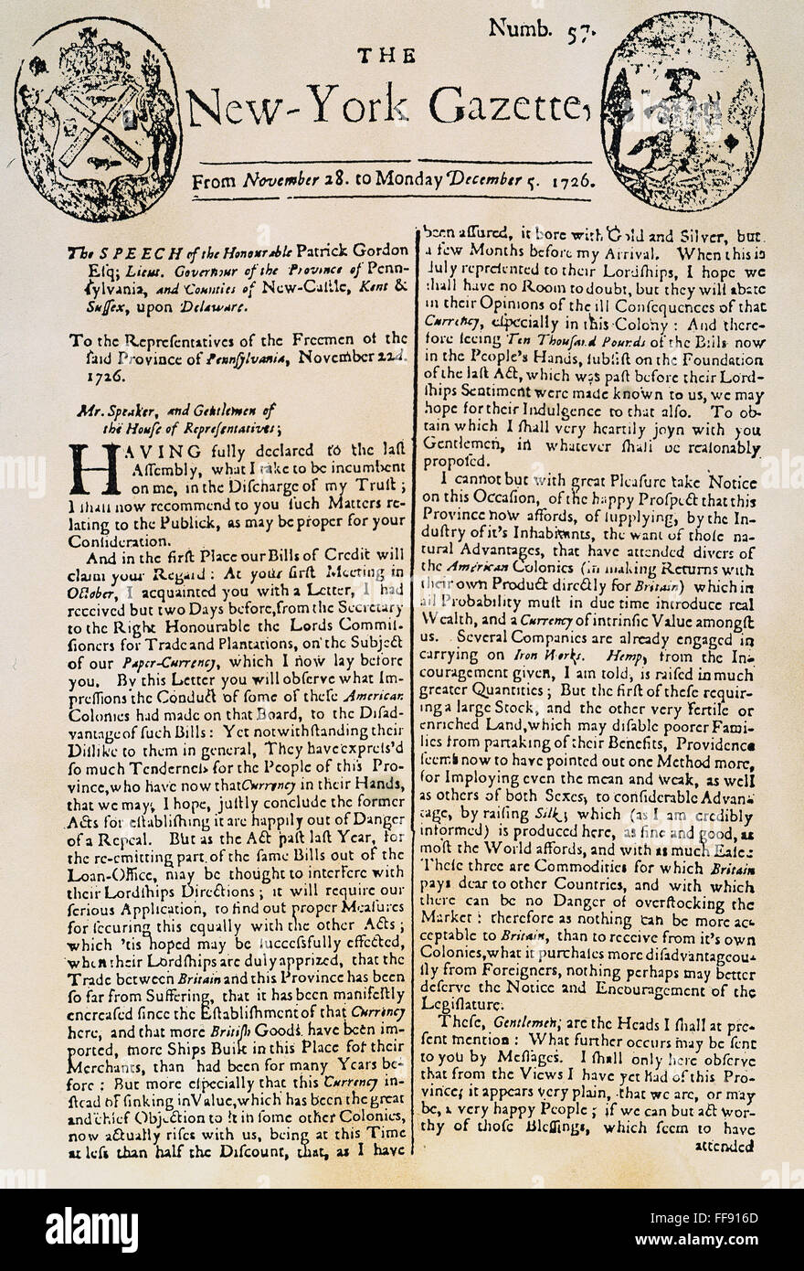 NEW YORK GAZETTE, 1726. / nAn frühen Ausgabe von The New York Gazette, 1726, die erste Zeitung in New York, im Jahre 1725 von William Bradford gegründet. Stockfoto
