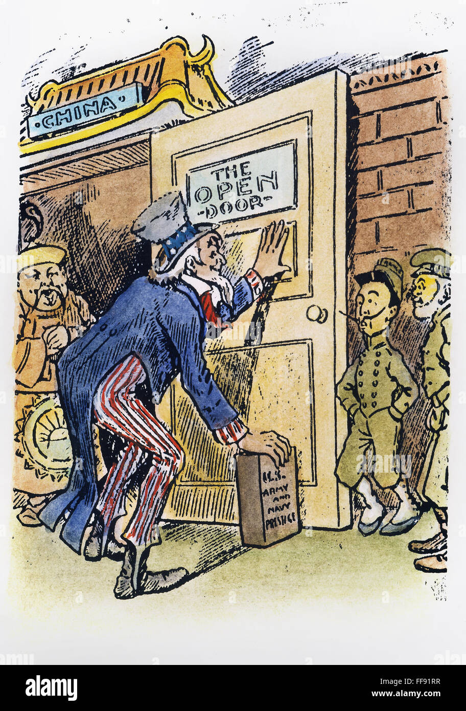 "Offene Tür" CARTOON, 1900. /nAmerican Cartoon, 1900, Darstellung von Uncle Sam stützte die Politik der "Offenen Tür" mit China mit dem Backstein "U.S. Army und Navy Prestige" als die Kolonialmächte Frankreich und Russland betrachten. Stockfoto