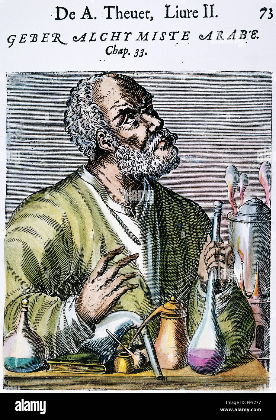 GEBER (FL. 721-776). /nArab Gelehrte und Alchemist. Französisch, Gravur, 1584. Stockfoto