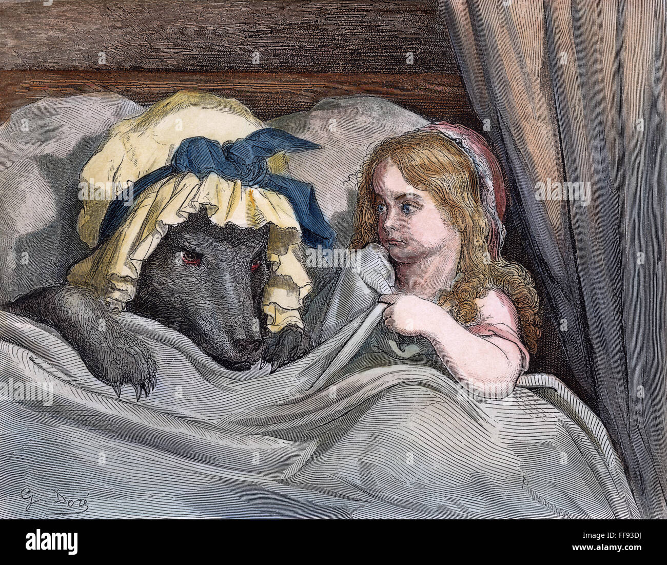 LITTLE RED RIDING HOOD. /nThe Wolf und Rotkäppchen. Kupferstich aus einer c1860 Edition von Perrault Märchen illustriert von Gustave DorΘ. Stockfoto