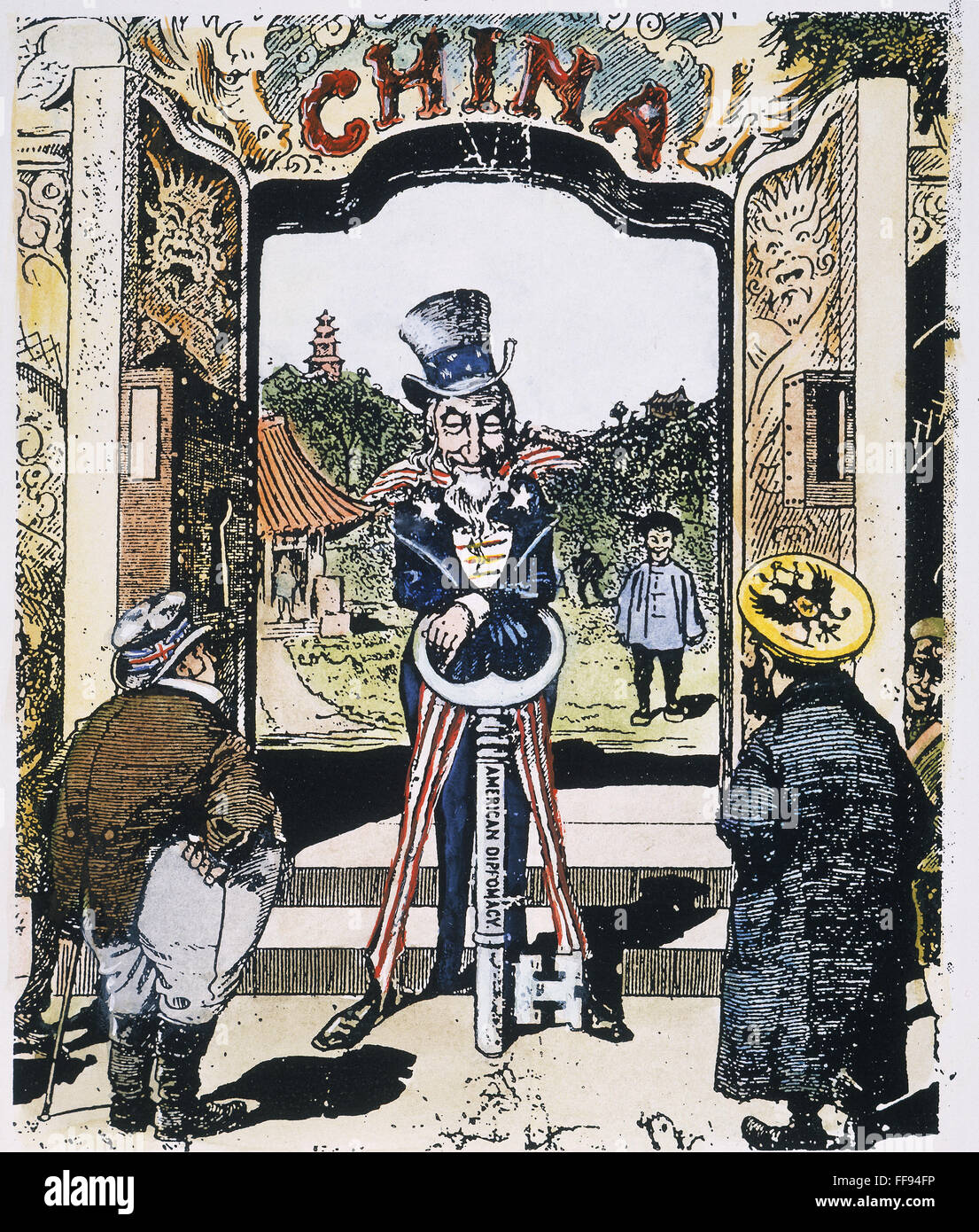 OFFENEN TÜR CARTOON, 1900. / nAn amerikanischen Cartoon von 1900 zeigt Uncle Sam für Freihandel mit dem Schlüssel der amerikanischen Diplomatie während des wirtschaftlichen Konkurrenten England und Russland Blick auf China zu öffnen. Stockfoto