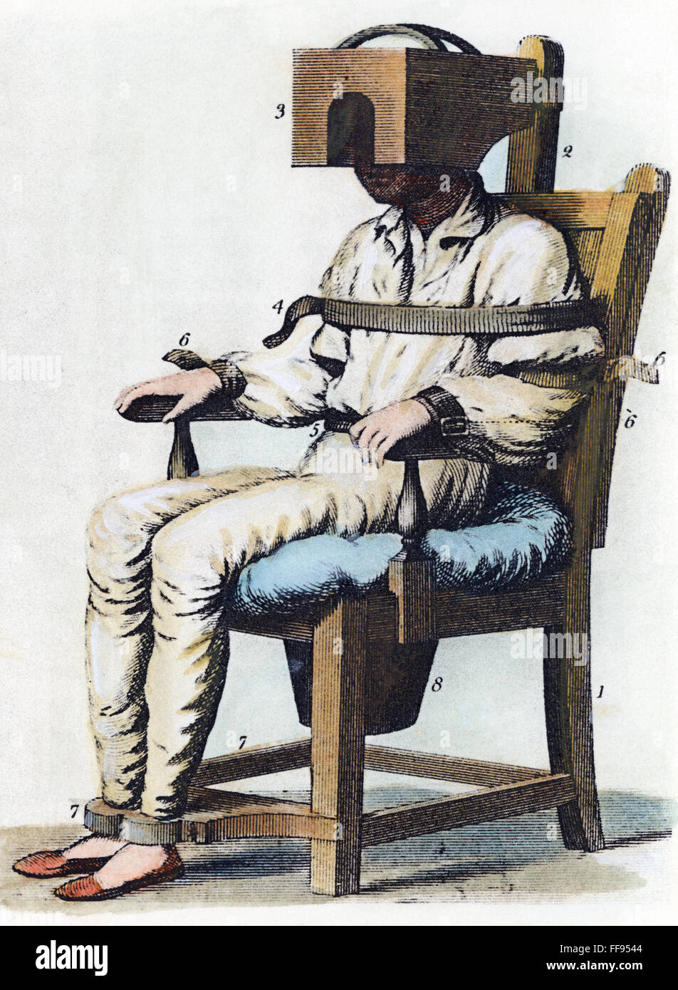 BERUHIGENDE STUHL. /nDeveloped im Jahre 1810 von Benjamin Rush. Zeitgenössische amerikanische Linie Gravur. Stockfoto