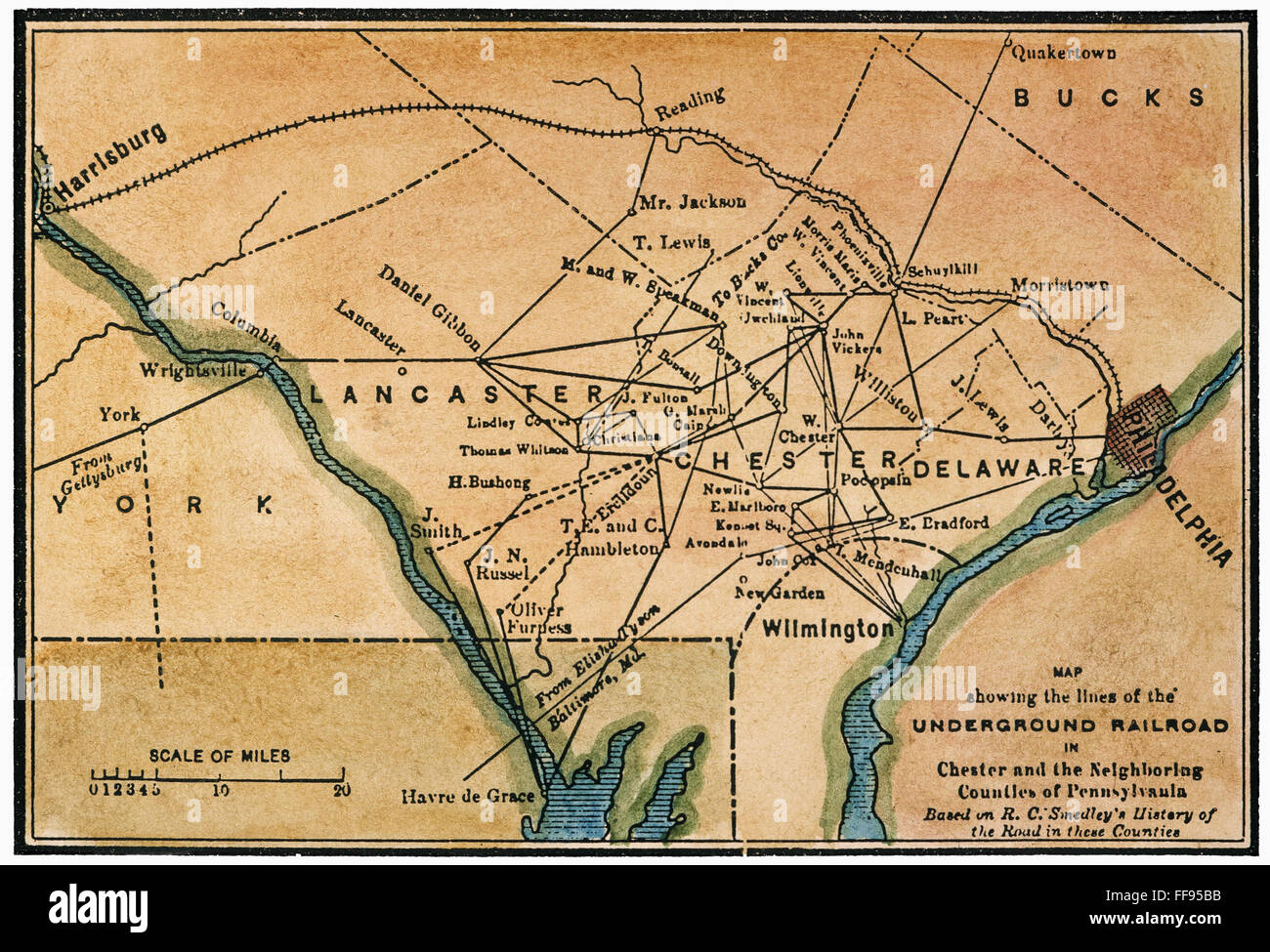 UNTERIRDISCHE EISENBAHN-KARTE. /nNineteenth-Century-Karte mit den Linien der Underground Railroad in einem Teil des Pennsylvania, ein freier Staat grenzt an die Slave-Staaten Maryland und Delaware. Stockfoto