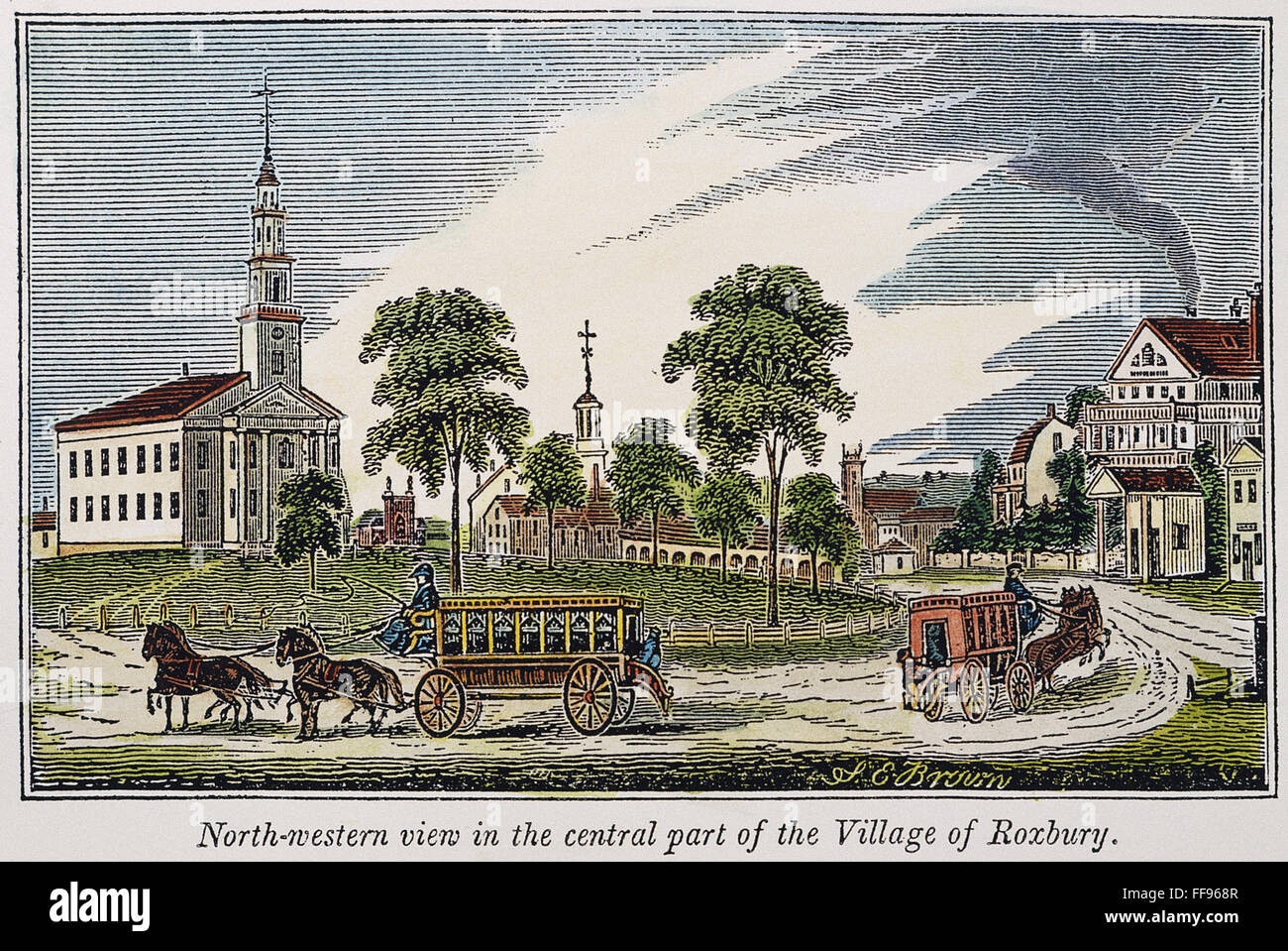 ROXBURY, MASSACHUSETTS. NUM-Blick auf das Zentrum von Roxbury, Massachusetts: amerikanische Gravur, 1839. Stockfoto