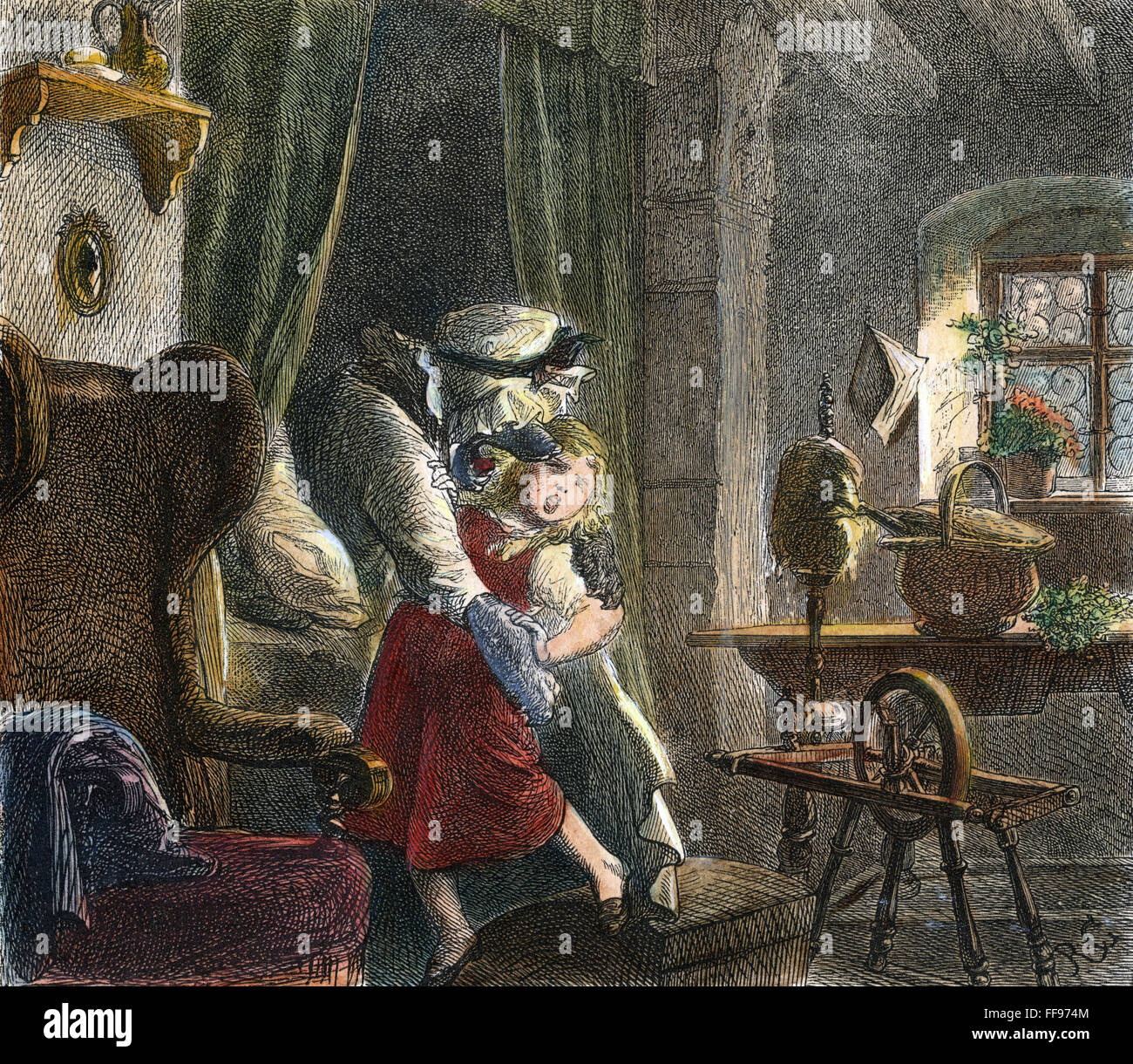 LITTLE RED RIDING HOOD. /nThe Wolf vorbereiten, Little Red Riding Hood zu verschlingen. Illustration aus 19. Jahrhundert deutsche Ausgabe des Märchens. Stockfoto