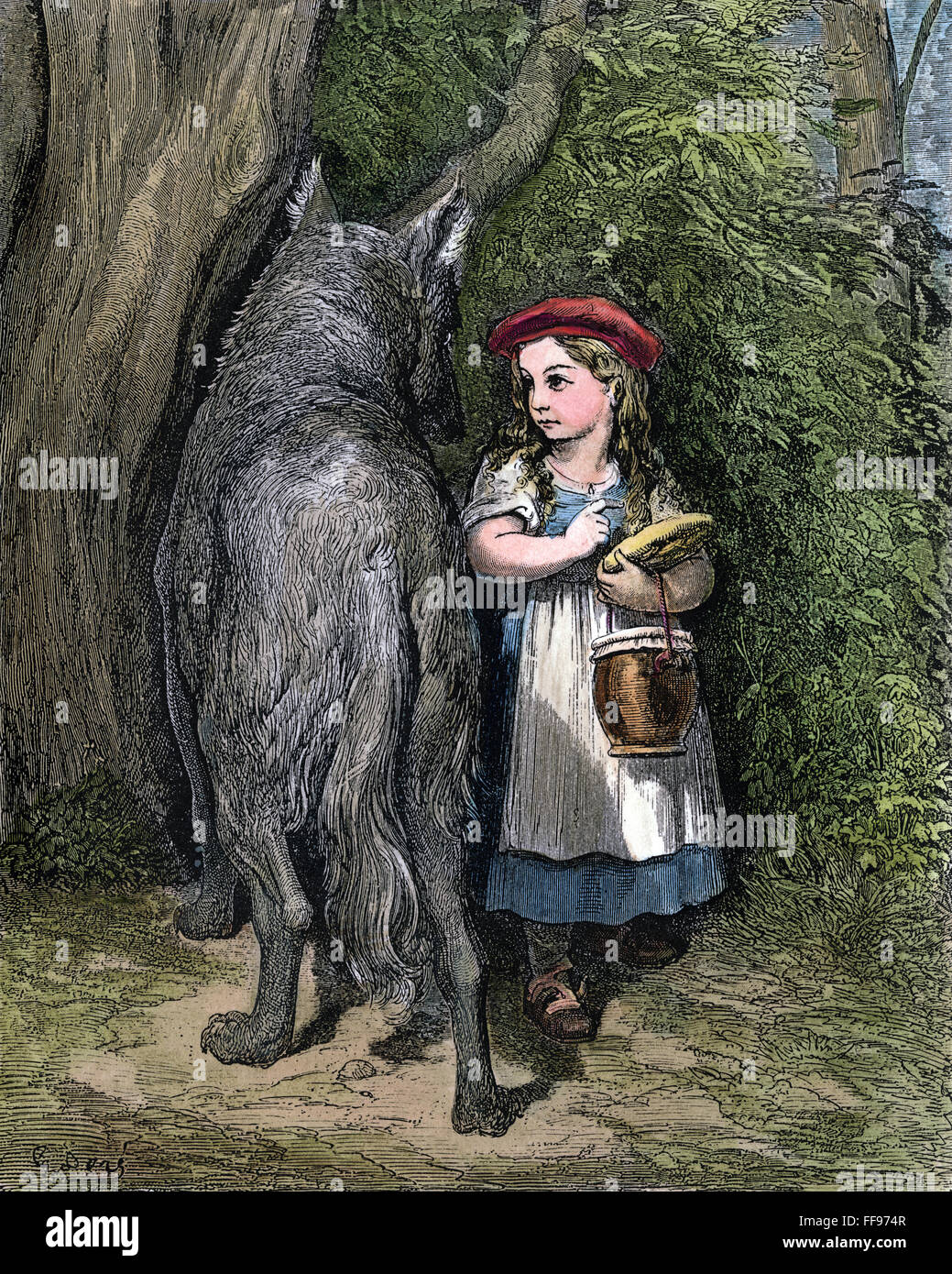 LITTLE RED RIDING HOOD. /nLittle Red Riding Hood trifft den Wolf im Wald auf dem Weg zu ihrer Großmutter zu besuchen. Holzstich nach Gustave DorΘ, 19. Jahrhundert. Stockfoto