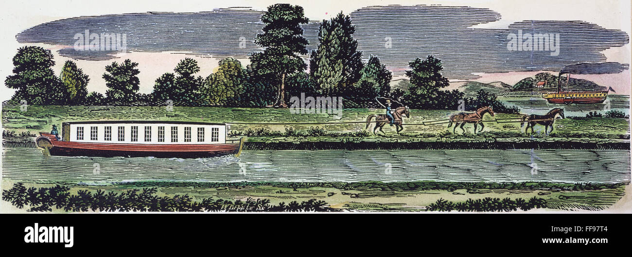 TRANSPORT: Kanäle, 19. C. Num Lastkahn gezogen von Pferden auf einem Kanal und einem Dampfschiff auf dem nahe gelegenen Fluss: amerikanische Typefounder cut, 19. Jahrhundert. Stockfoto