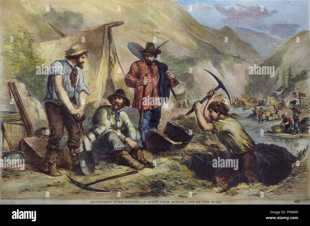 CALIFORNIA GOLD DIGGERS. /nWood Gravur, American, 1856. Stockfoto
