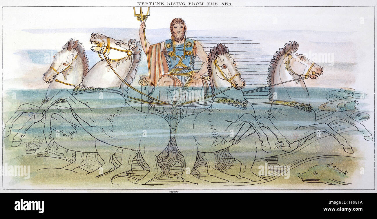 DIE ILIAS: NEPTUN, 1805. / nNeptune steigt aus dem Meer: Linie, Gravur, 1805, nach einer Zeichnung von John Flaxman für Ilias. Stockfoto