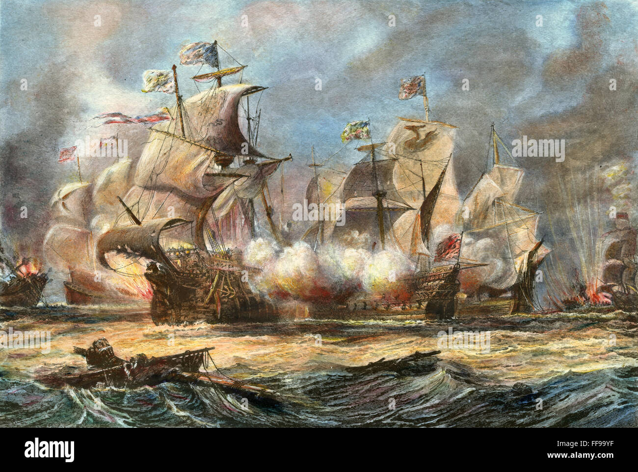 SPANISCHE ARMADA 1588. /nThe "Vorhut" Angriff auf die spanische Armada im Jahre 1588. Line-Gravur, 19. Jahrhundert. Stockfoto