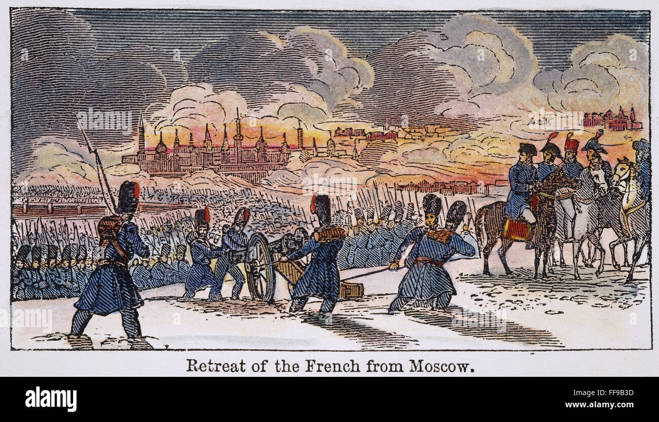 NAPOLEON AUS MOSKAU. /nNapoleon (zu Pferd) und seine Armee Rückzug aus Moskau im Jahre 1812: Holz, Gravur, 1853. Stockfoto