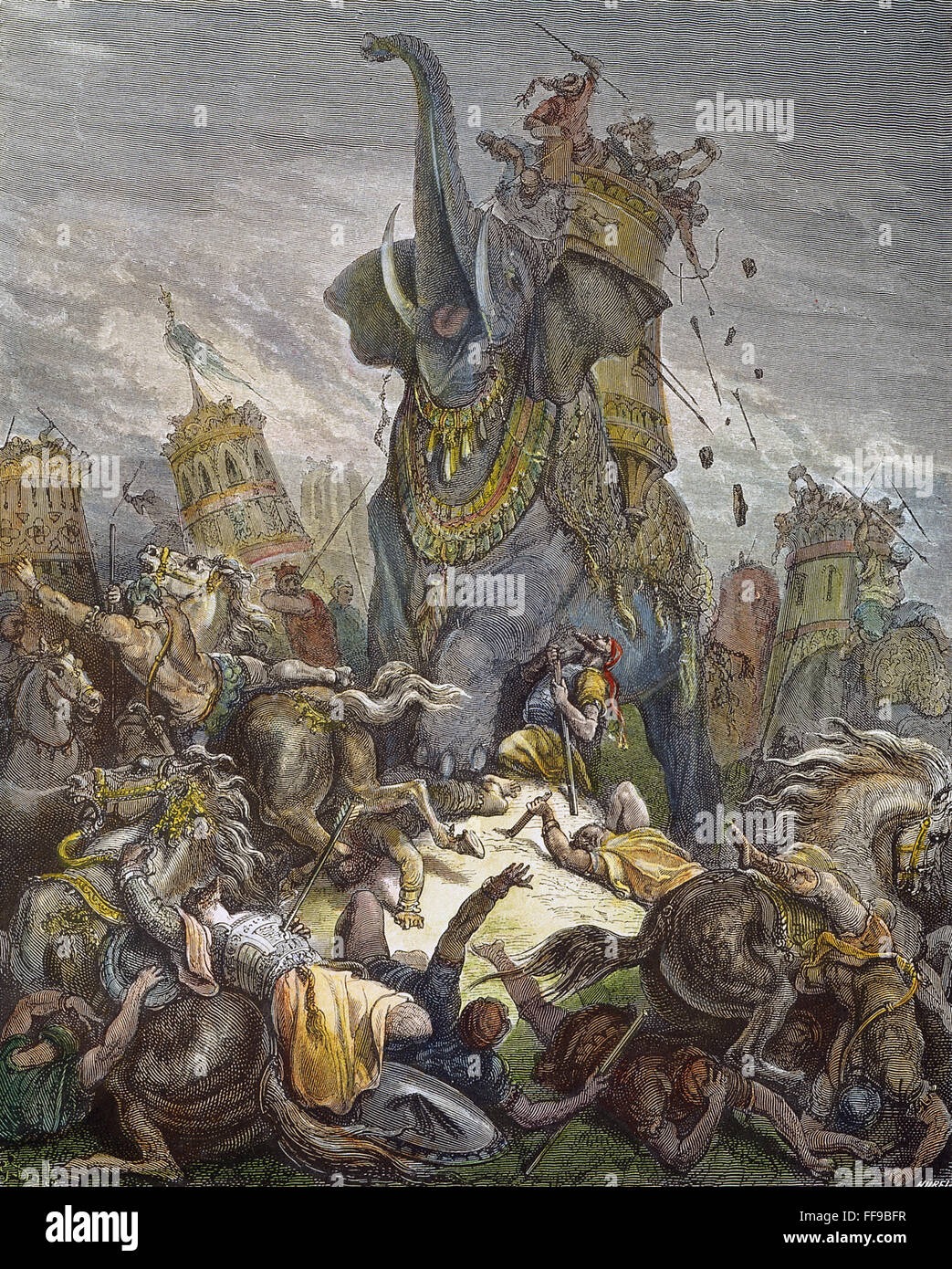 TOD VON ELEAZAR. / n (ich Makkabäer 6: 43,46). Aufgezäumtes Maccabean Angriff auf assyrischen Kriegselefant an Schlacht von Beth Zur. Holzstich nach Gustave DorΘ. Stockfoto