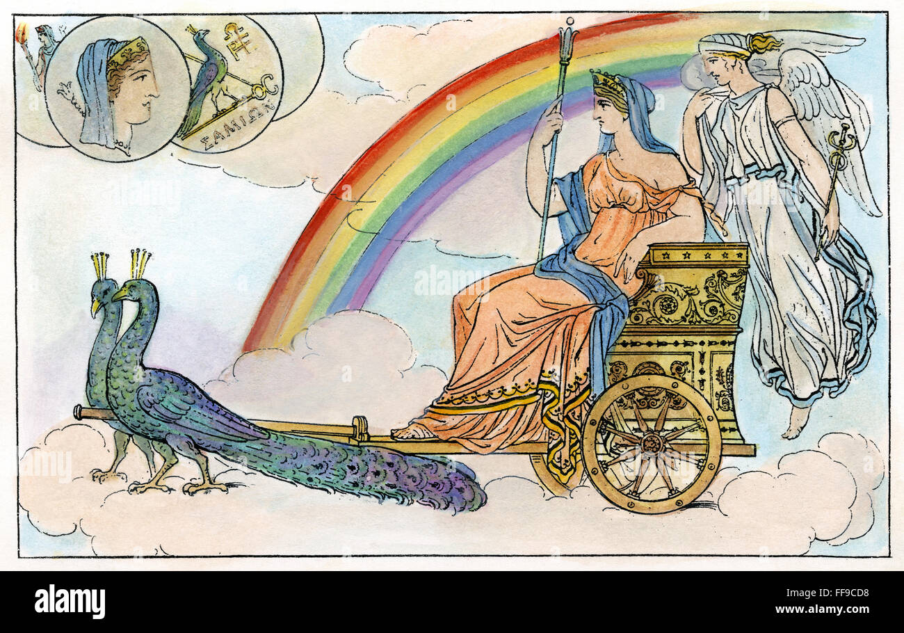 MYTHOLOGIE: HERA/JUNO. /nJuno und ihre Pfauen. Radierung, Englisch, 1810. Stockfoto