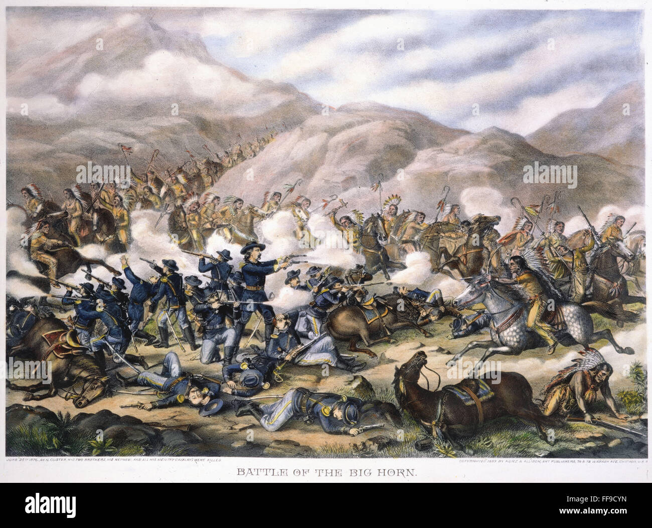 SCHLACHT AM LITTLE BIG HORN. /nGeorge Armstrong Custer (1839-1876) in der Schlacht am Little Big Horn, 25. Juni 1876: Lithographie, 1889, von Kurz & Allison. Stockfoto