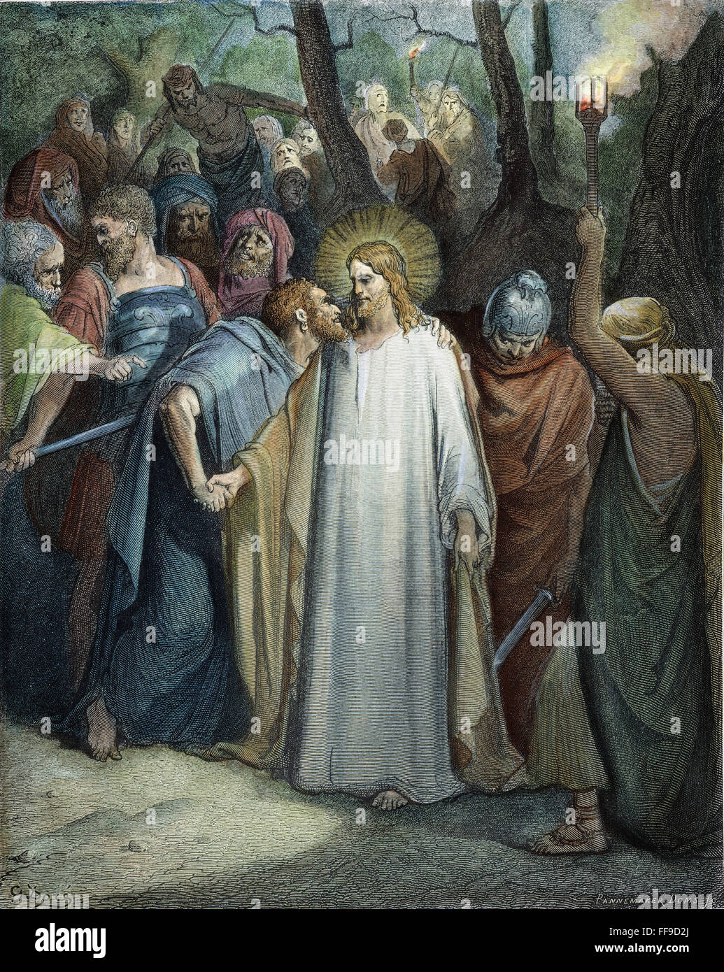 DOR╔: VERRAT AN CHRISTUS. /nThe Verrat von Judas Ischariot Christi (Mark: 14:14). Holzstich nach Gustave DorΘ. Stockfoto