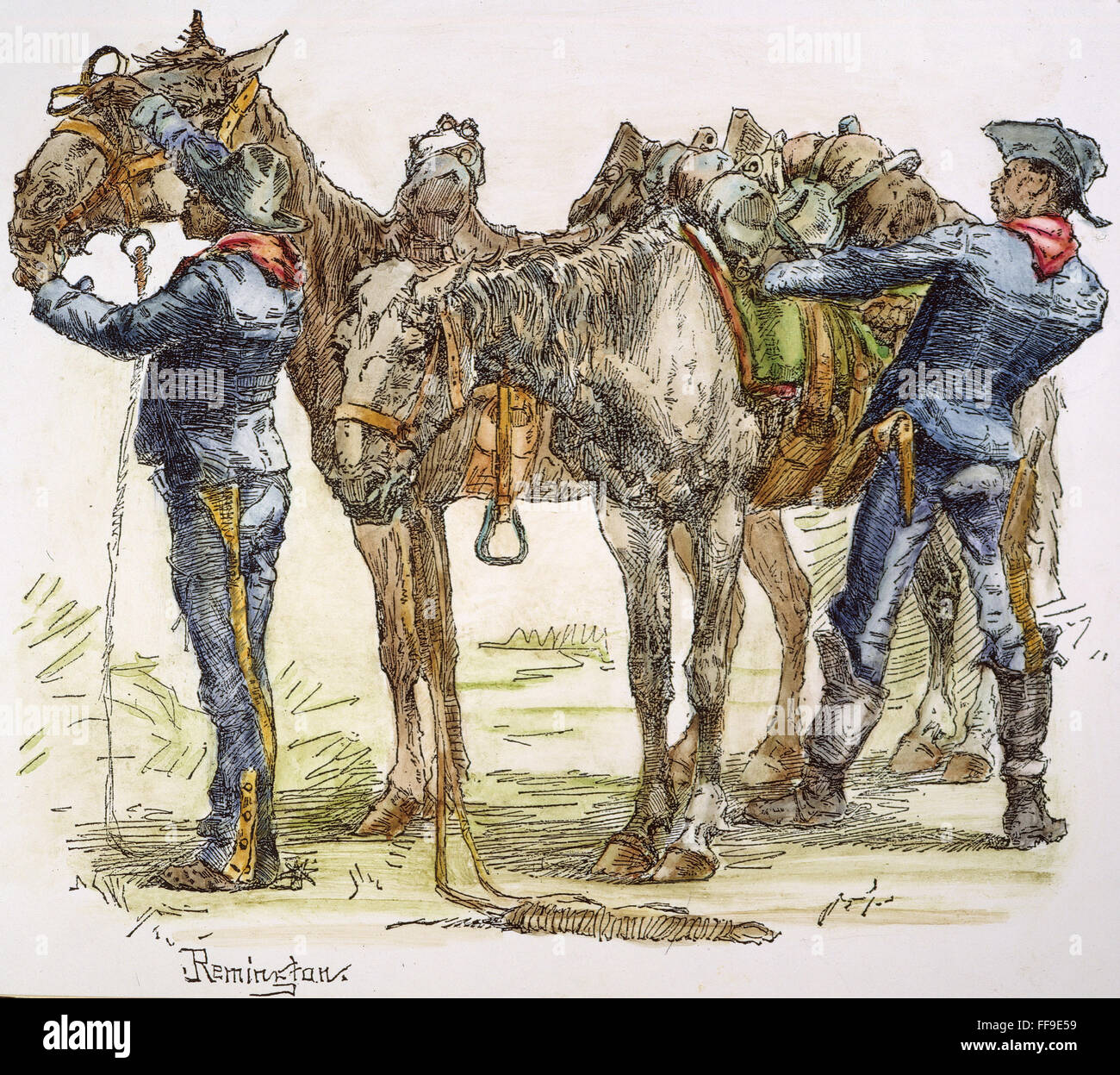 BUFFALO SOLDIERS, 1886. /nEnlisted Männer der 10. Kavallerie (farbig) im Südwesten: Zeichnung, 1886 von Frederic Remington. Stockfoto