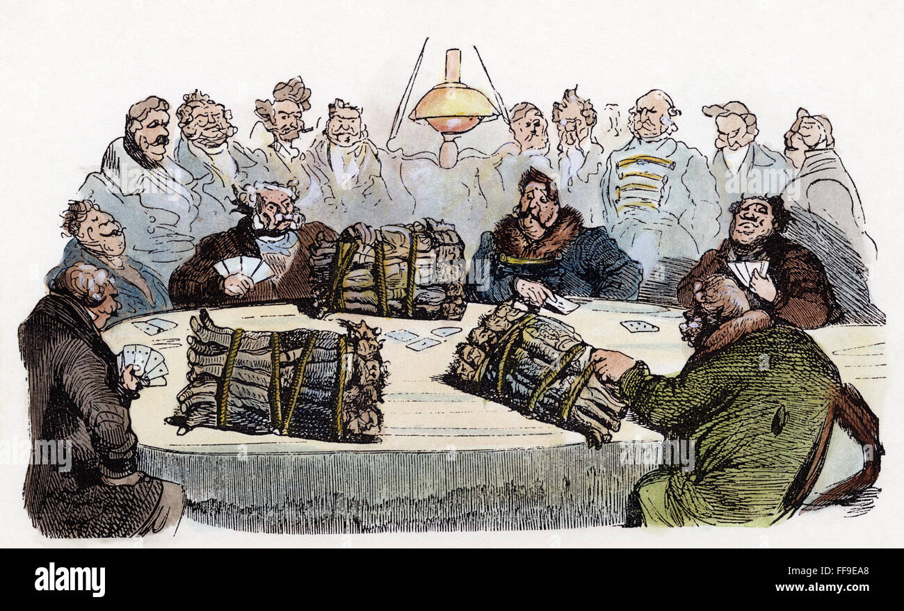 RUSSISCHEN ZEICHENTRICKFILM, 1854. /nAn 1854 satirische Gravur von Gustave DorΘ auf die gefühllose Praxis einige russische Hauswirte, die ihre Leibeigenen so Einsätze an den Spieltischen setzen würde. Stockfoto
