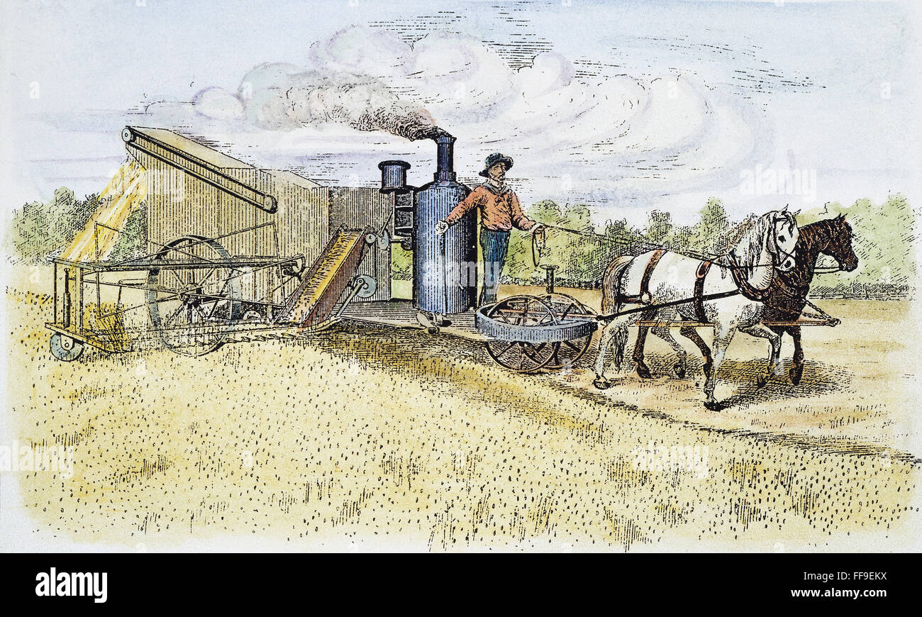 DAMPF-ERNTEMASCHINE, 1879. /nAn amerikanische Dampf Harvester (kombinierte Reaper und Drescher): Holz, Gravur, 1879. Stockfoto