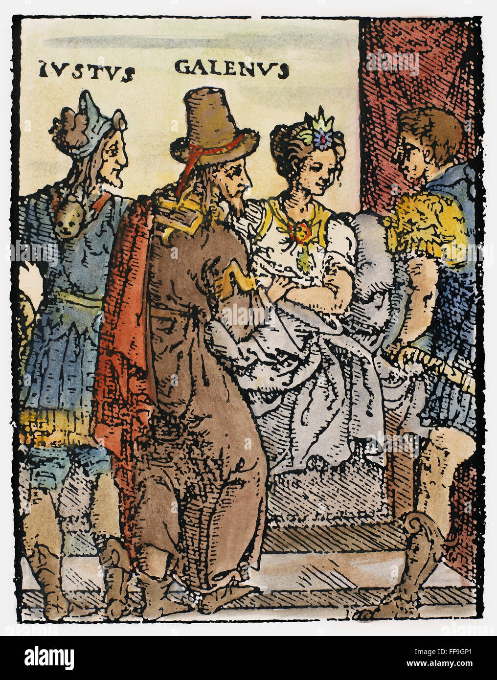 GALEN (129-c200 A.D.). /nGreek Arzt. Galen, die Bestimmung, dass eine Dame Krankheit wegen Liebeskummer und nicht körperliche Ursachen. Holzschnitt aus einer 1586-Edition von Galens Werke. Stockfoto