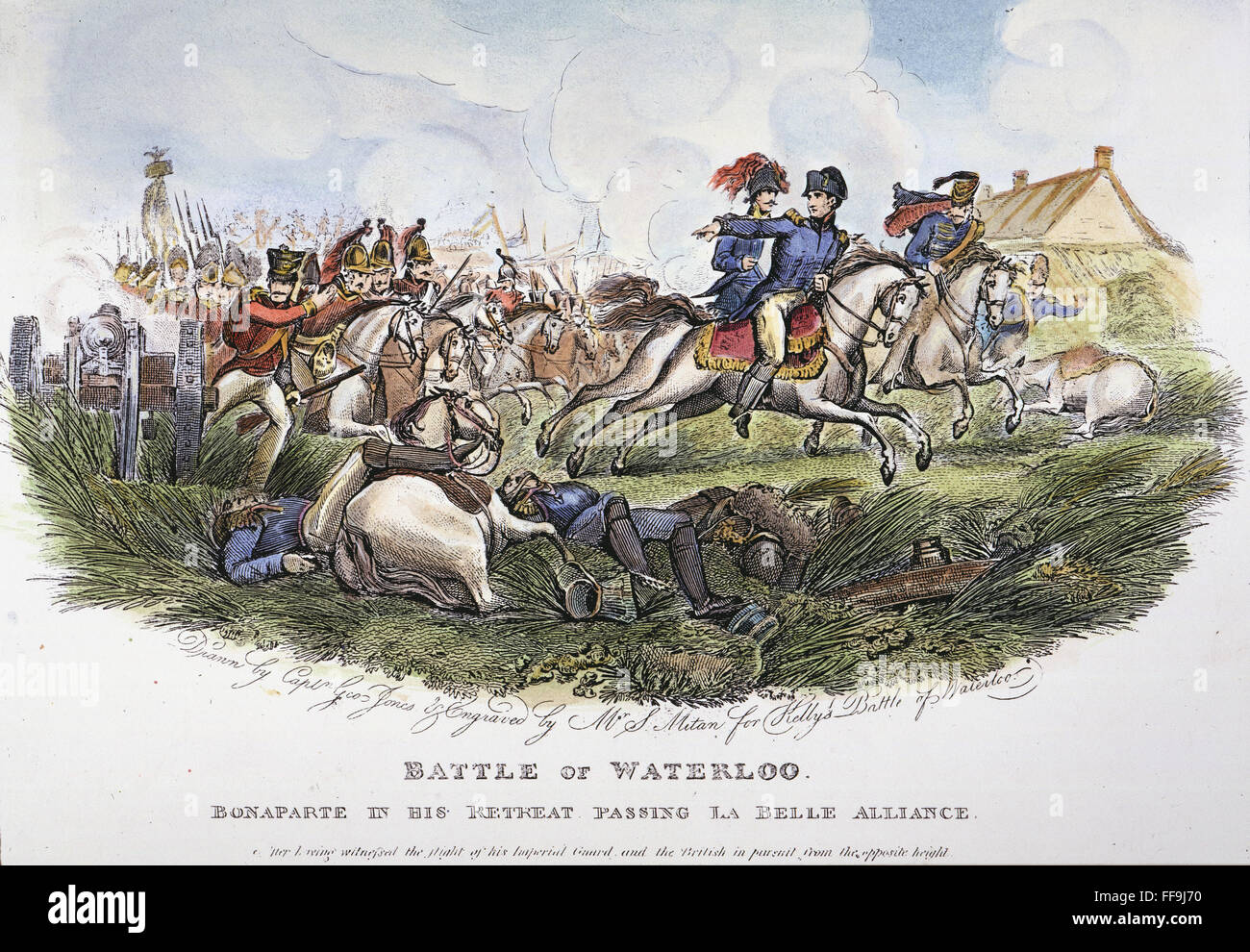 I: WATERLOO NAPOLEON. / nNapoleon ich Rückzug aus der Schlacht bei Waterloo, 18. Juni 1815, geht sein Hauptquartier auf dem Bauernhof, La Belle Alliance: Gravur, Englisch, 1817-Linie. Stockfoto