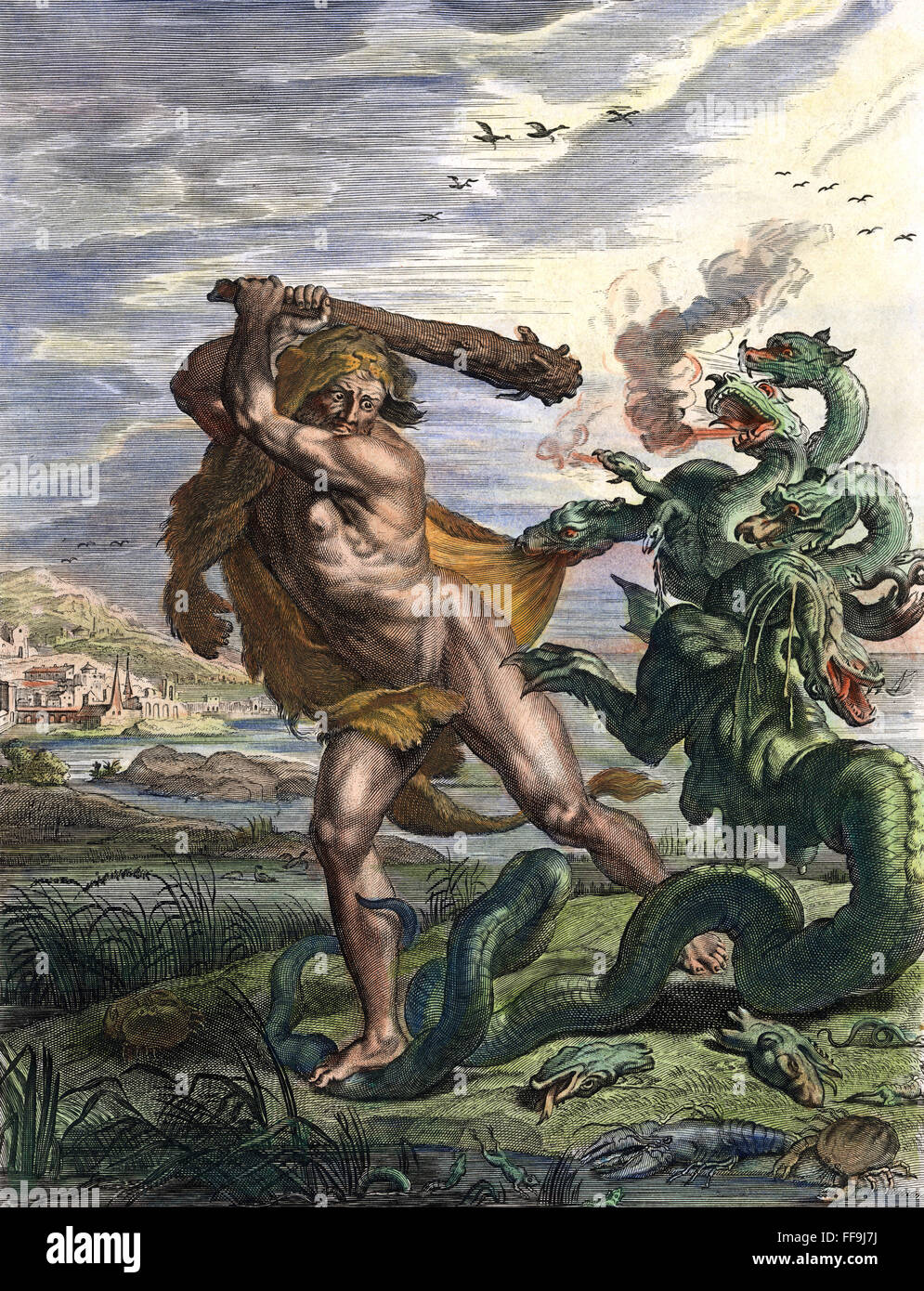 HERKULES & DER HYDRA. /nThe Kampf zwischen Herakles und die Hydra. Linie, Gravur, Französisch, Ende des 18. Jahrhunderts. Stockfoto