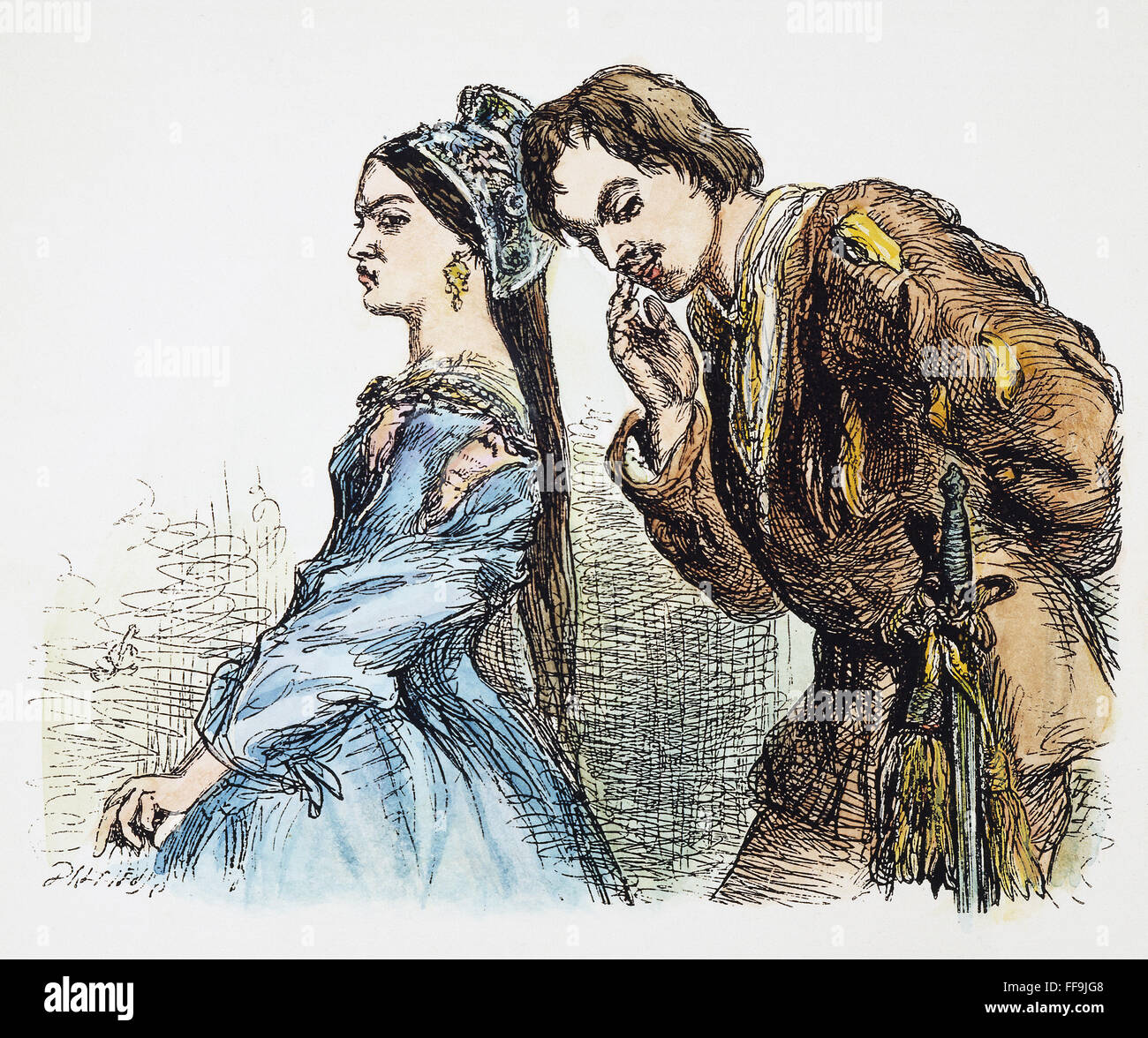 DER WIDERSPENSTIGEN ZÄHMUNG. / nPetruchio stellt sich Katherine im II. Akt, Szene 1 von Shakespeares "Taming of the Shrew' Holzstich, 19. Jahrhundert. Stockfoto