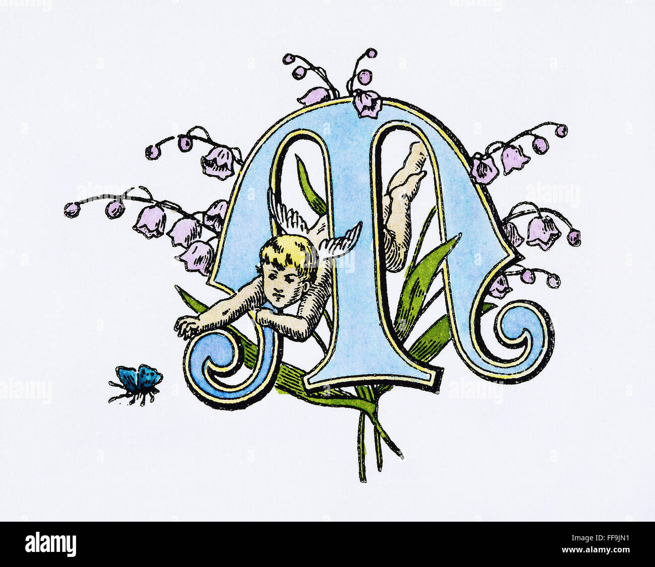INITIAL bin ", c1889. NUM dekorative gotische initiale bin, "mit ein Cherub, ein Schmetterling, c1889 zu erreichen. Stockfoto