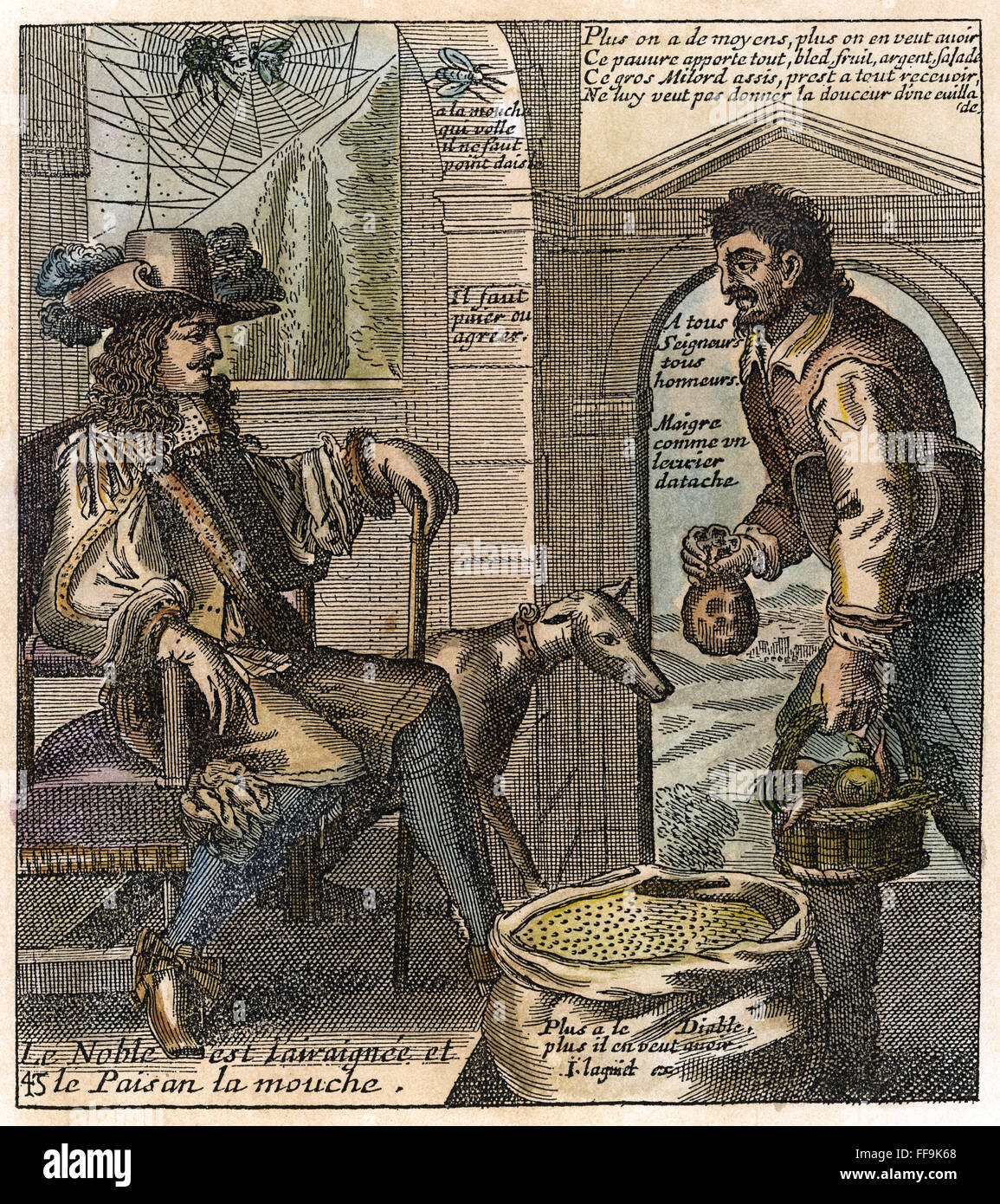 FRANZÖSISCH-KLASSE CARTOON. / n'The Noble ist die Spinne und der Bauer die Fliege "von Jacques Lagniets"Recueil de Proverbes." Kupfer, Gravur, 1657-1663. Stockfoto