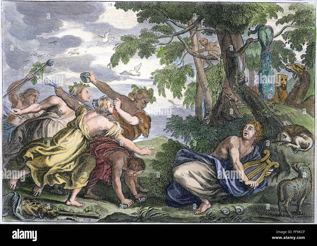 ORPHEUS & DIE BACCHANTINNEN. /nLine Gravur, Französisch, 18. Jahrhundert. Stockfoto
