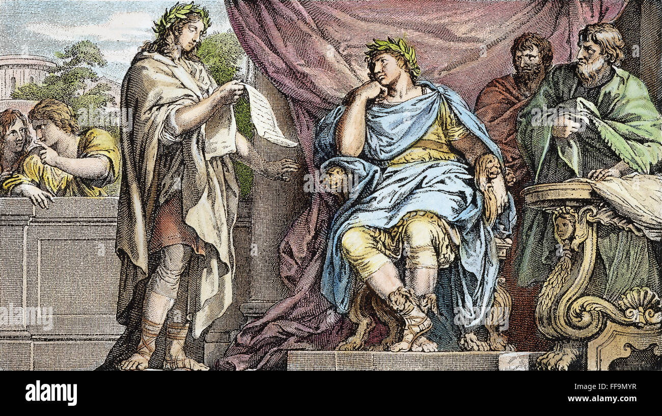 VERGIL (70-19 V. CHR.). /nRoman Dichter. Lesung an seine Gönnerin, Kaiser Augustus. Linie, Gravur, Französisch, 18. Jahrhundert. Stockfoto