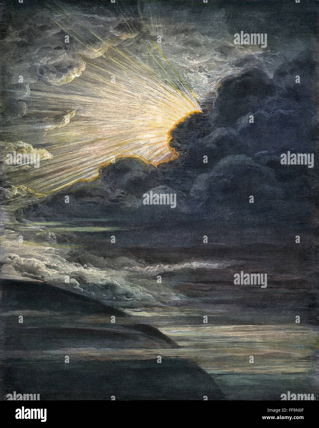 SCHÖPFUNG DES LICHTS.  /nThe Schöpfung des Lichts (Genesis 1:2). Holzstich nach Gustave DorΘ (1833-1883). Stockfoto