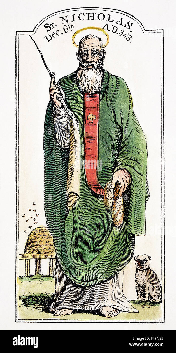 SANKT NIKOLAUS (4. JH.). /nAlso bekannt als Nikolaus von Myra: Holzstich, American, 19. Jahrhundert. Stockfoto