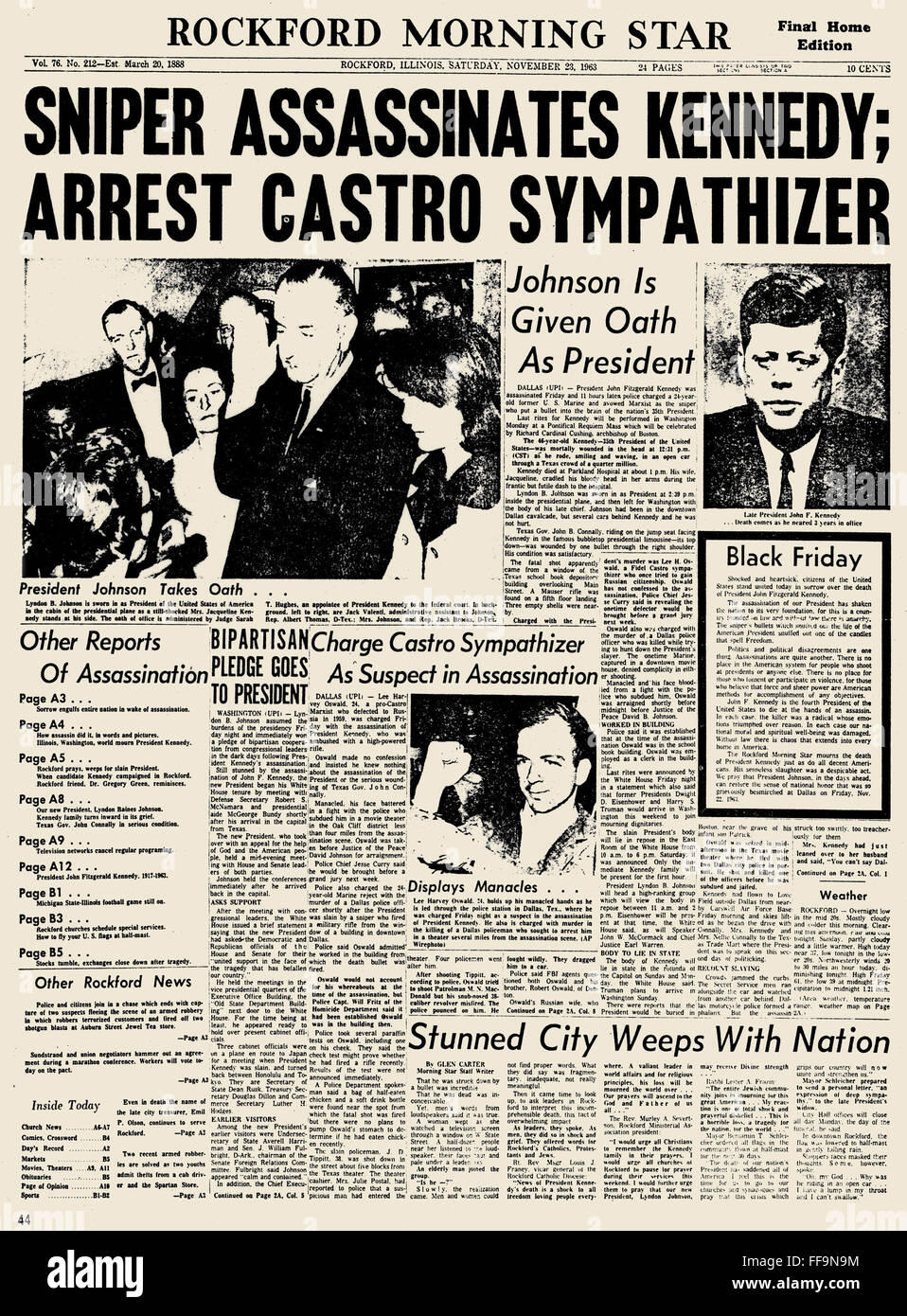 KENNEDY (1917-1963). /n35th Präsident der Vereinigten Staaten. Die Schlagzeile der "Rockford Morgenstern" (Rockford, Illinois) des 23. November 1963 Ankündigung der Ermordung von Präsident Kennedy. Stockfoto