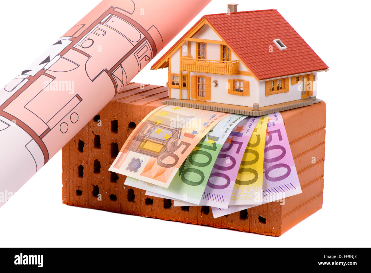 Ziegel für Hausbau und Euro-Geld Stockfoto