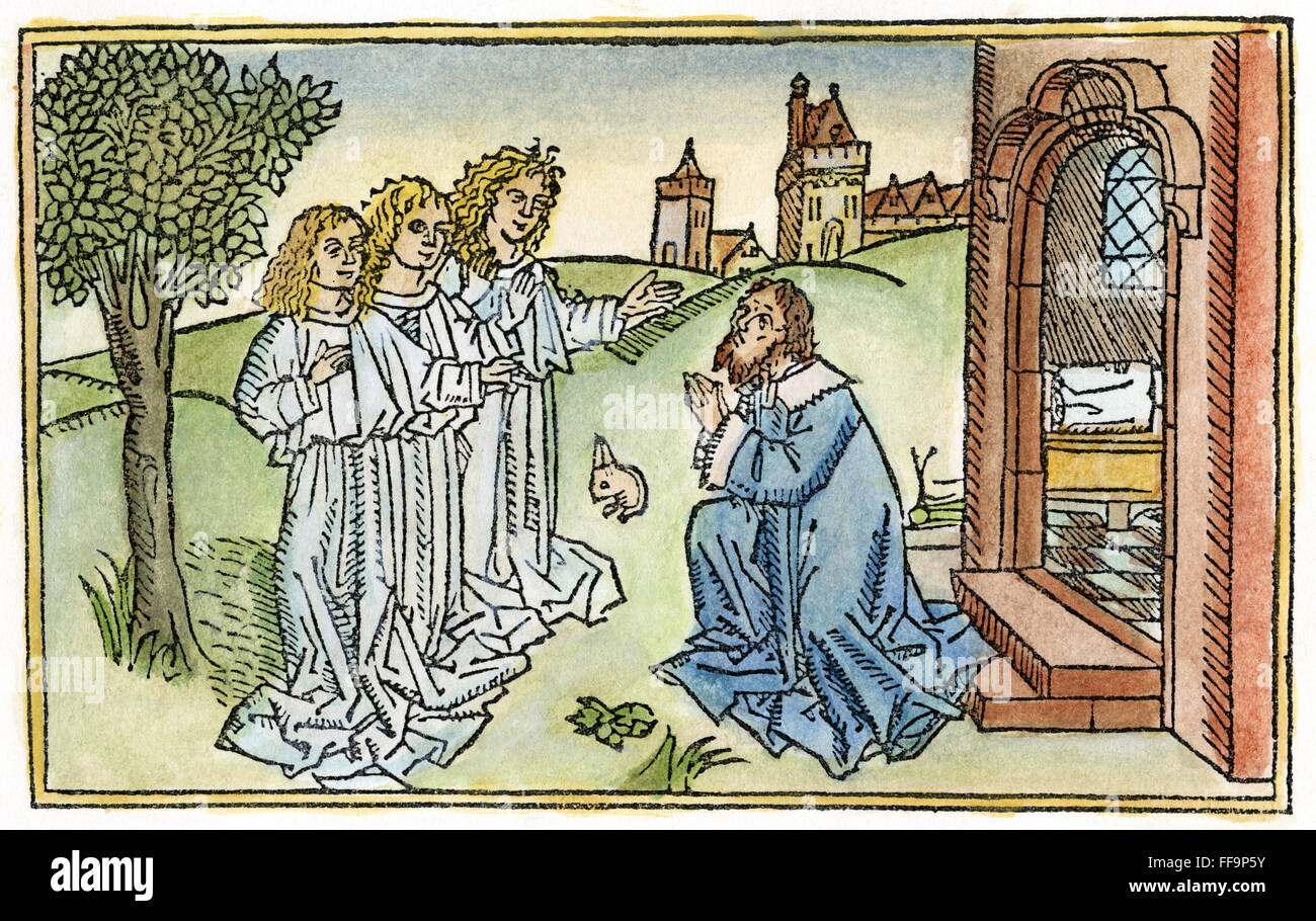 ABRAHAM & DREI ENGEL. / n (Genesis 18: 1-8). Holzschnitt aus der Kölner Bibel 1478-80. Stockfoto