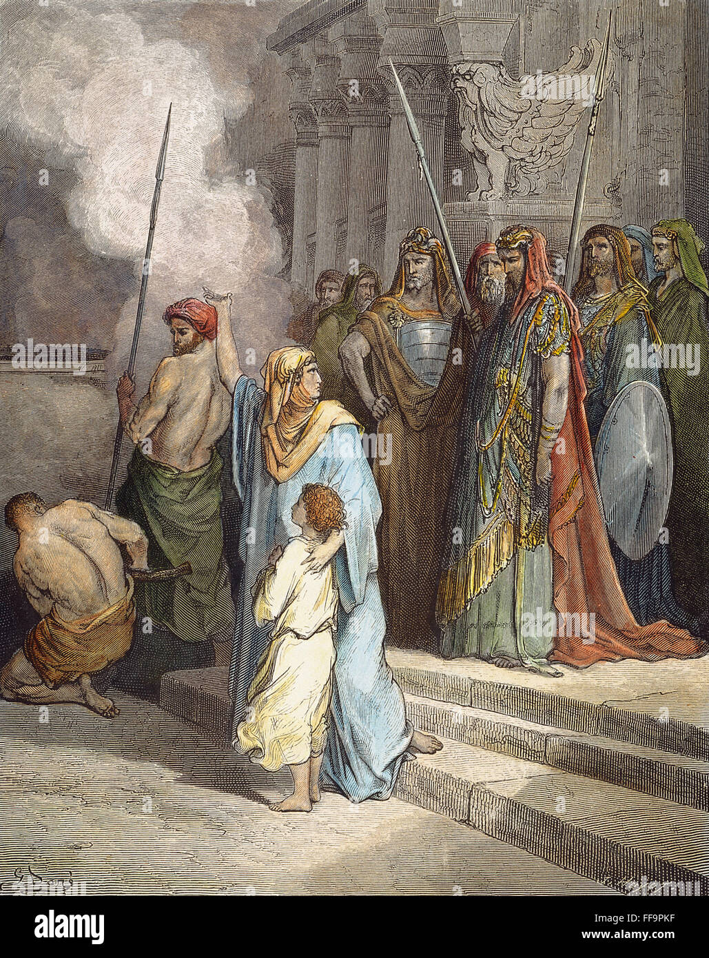 MUTTER & SÖHNE. NUM Mutter und ihrer sieben Söhne stehen gegen den Tyrannen Antiochus, König von Syrien (II Makkabäer 07:29): Holzstich nach Gustave DorΘ. Stockfoto