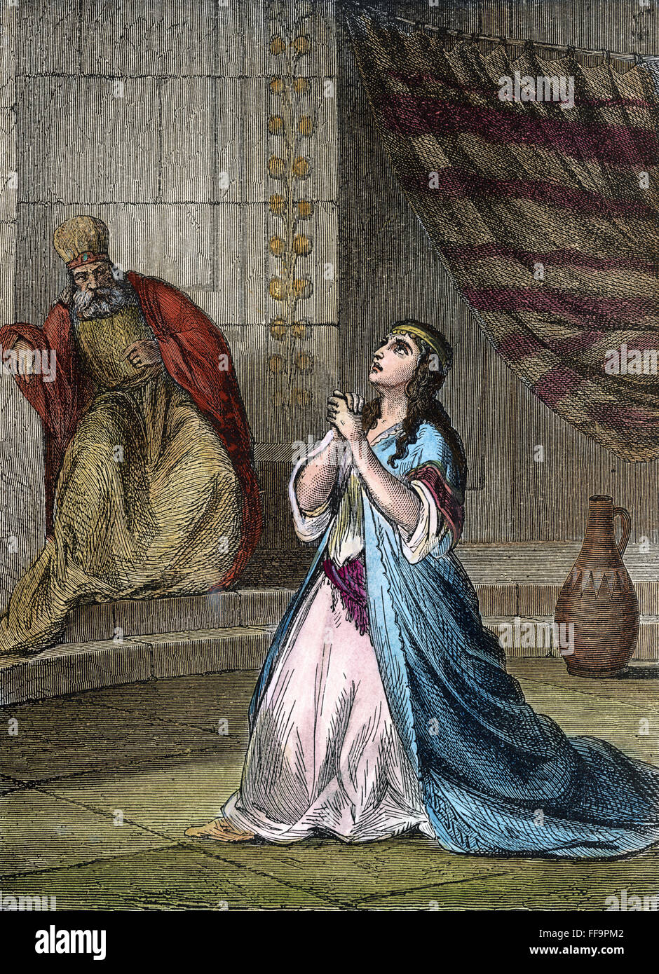 HANNAH. /nHannah betet für einen Sohn im Tempel von Shiloh als Eli der Hohepriester auf (I Samuel 1 L 9-17 sieht). Holz-Gravur, American, 19. Jahrhundert. Stockfoto